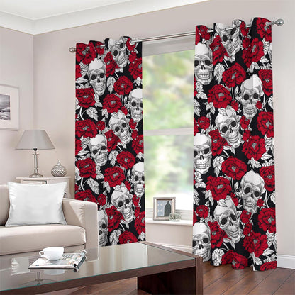Red Peony Skull Pattern Print Blackout Grommet Curtains