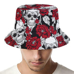 Red Peony Skull Pattern Print Bucket Hat