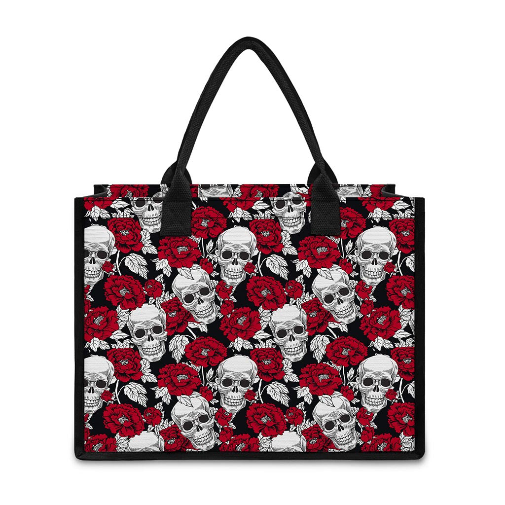 Red Peony Skull Pattern Print Canvas Tote Bag