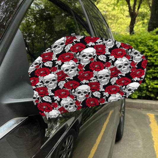 Red Peony Skull Pattern Print Car Side Mirror Covers
