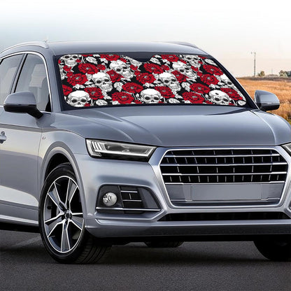 Red Peony Skull Pattern Print Car Windshield Sun Shade