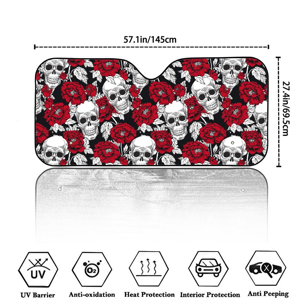 Red Peony Skull Pattern Print Car Windshield Sun Shade