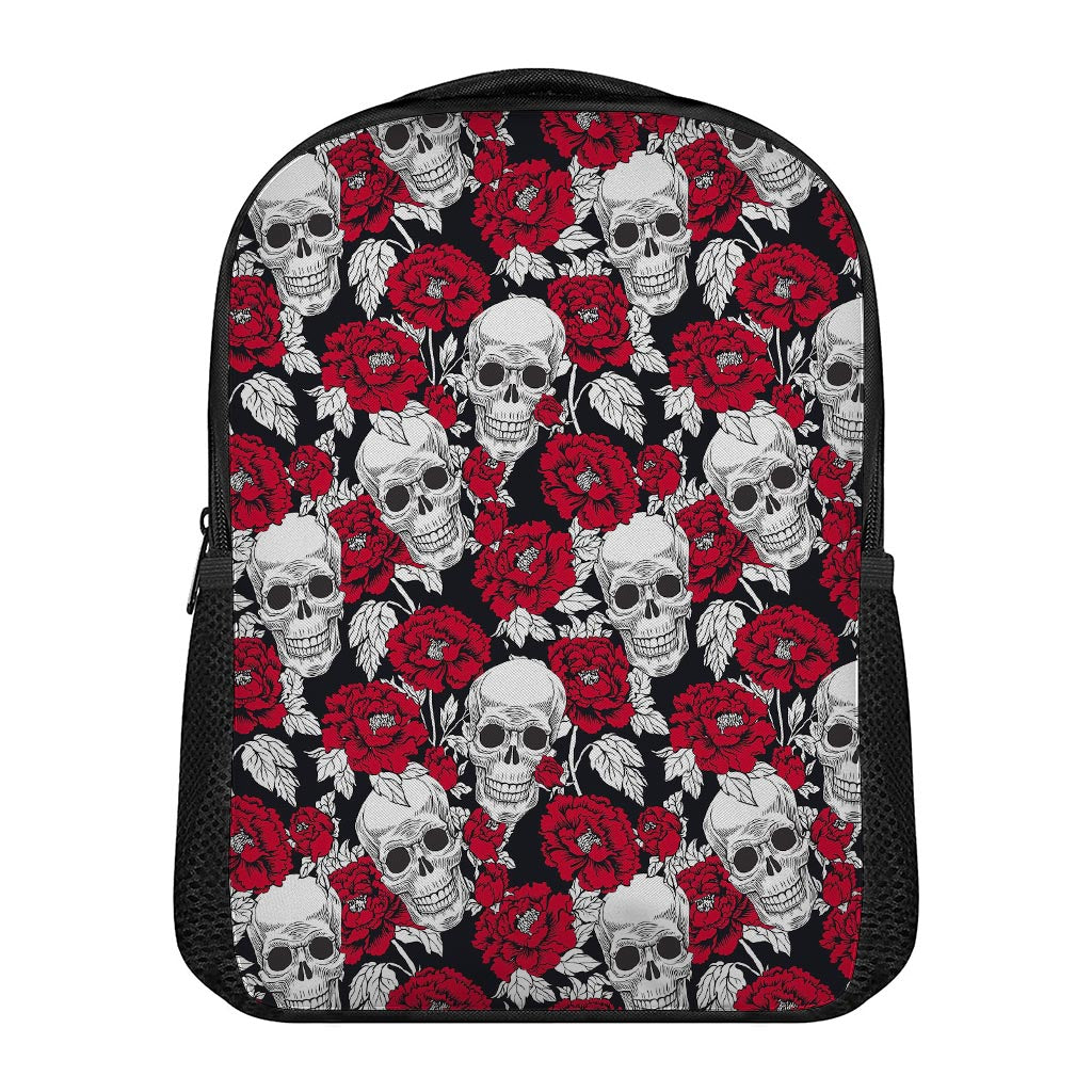 Red Peony Skull Pattern Print Casual Backpack