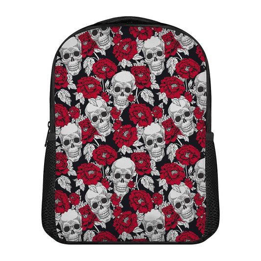 Red Peony Skull Pattern Print Casual Backpack