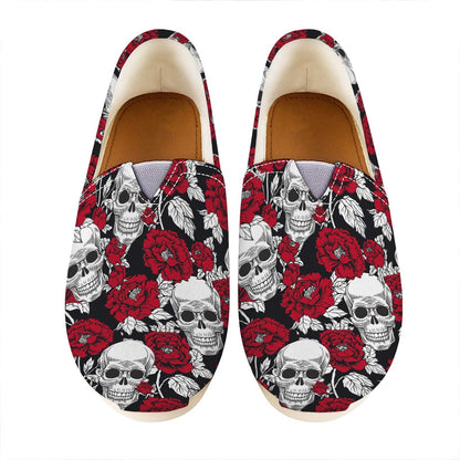 Red Peony Skull Pattern Print Casual Shoes