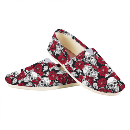 Red Peony Skull Pattern Print Casual Shoes