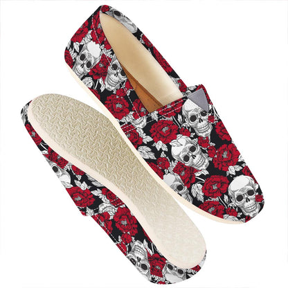 Red Peony Skull Pattern Print Casual Shoes