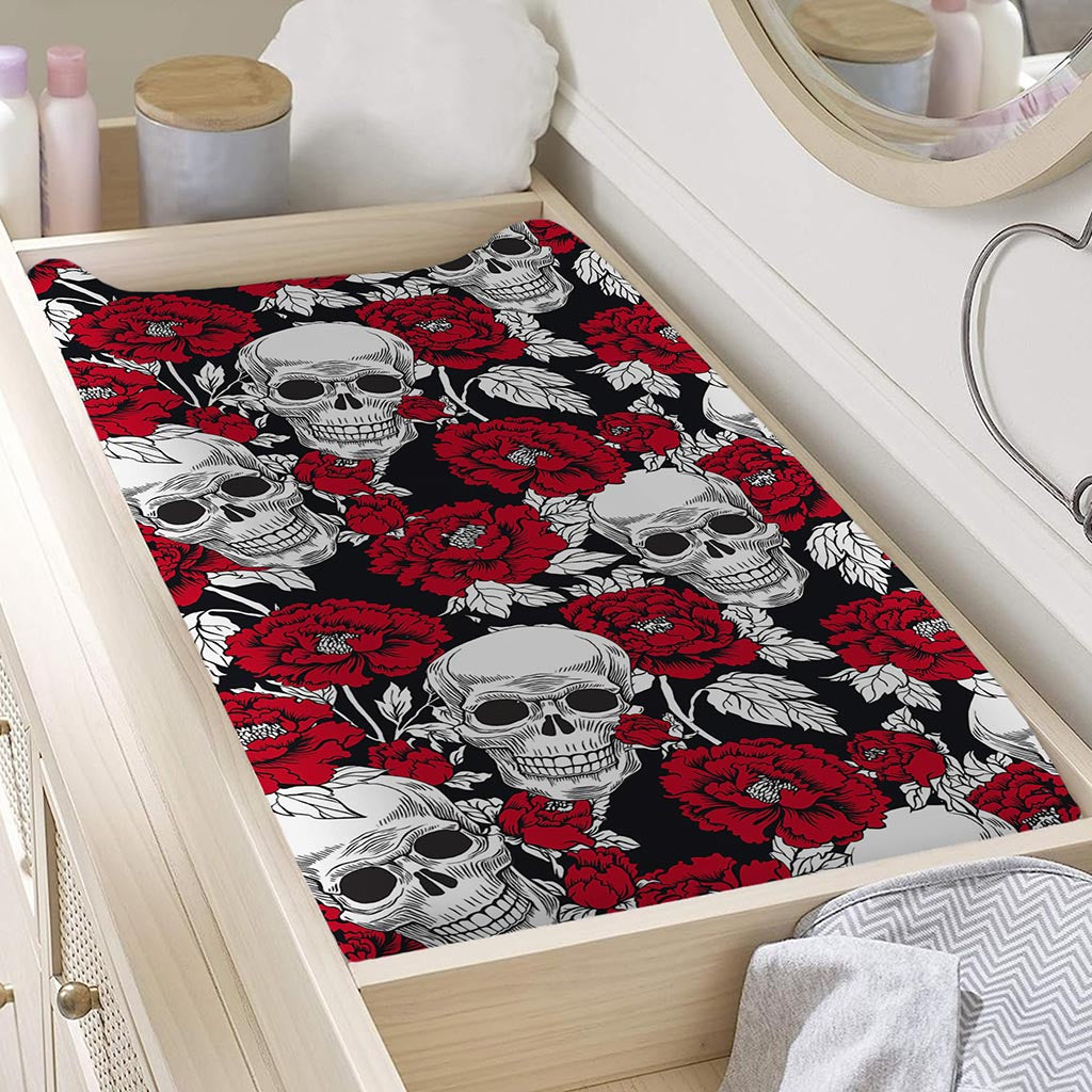 Red Peony Skull Pattern Print Changing Pad Cover