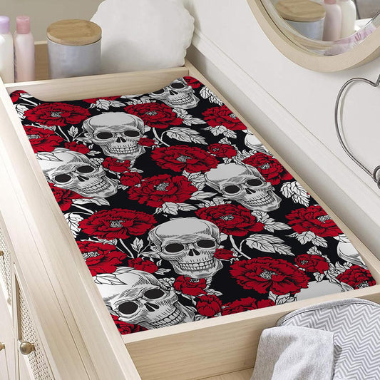 Red Peony Skull Pattern Print Changing Pad Cover