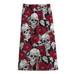 Red Peony Skull Pattern Print Cotton Front Slit Maxi Skirt