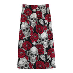 Red Peony Skull Pattern Print Cotton Front Slit Maxi Skirt