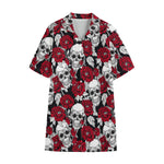 Red Peony Skull Pattern Print Cotton Hawaiian Shirt