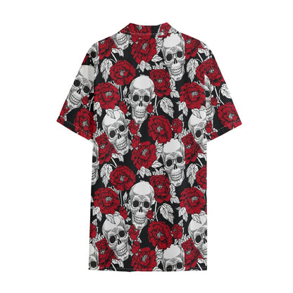 Red Peony Skull Pattern Print Cotton Hawaiian Shirt