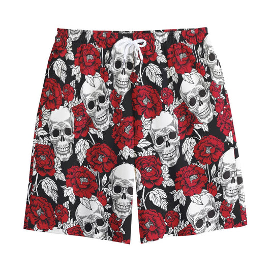 Red Peony Skull Pattern Print Cotton Shorts