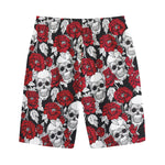 Red Peony Skull Pattern Print Cotton Shorts