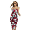 Red Peony Skull Pattern Print Cross Back Cami Dress