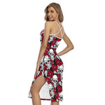 Red Peony Skull Pattern Print Cross Back Cami Dress