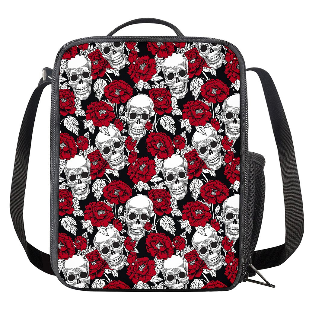 Red Peony Skull Pattern Print Crossbody Lunch Bag