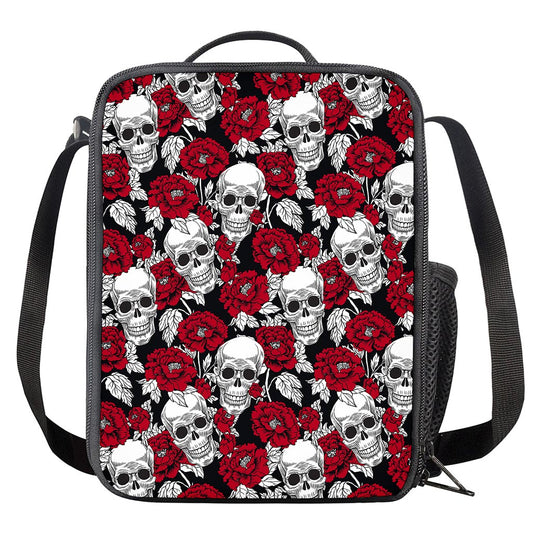 Red Peony Skull Pattern Print Crossbody Lunch Bag