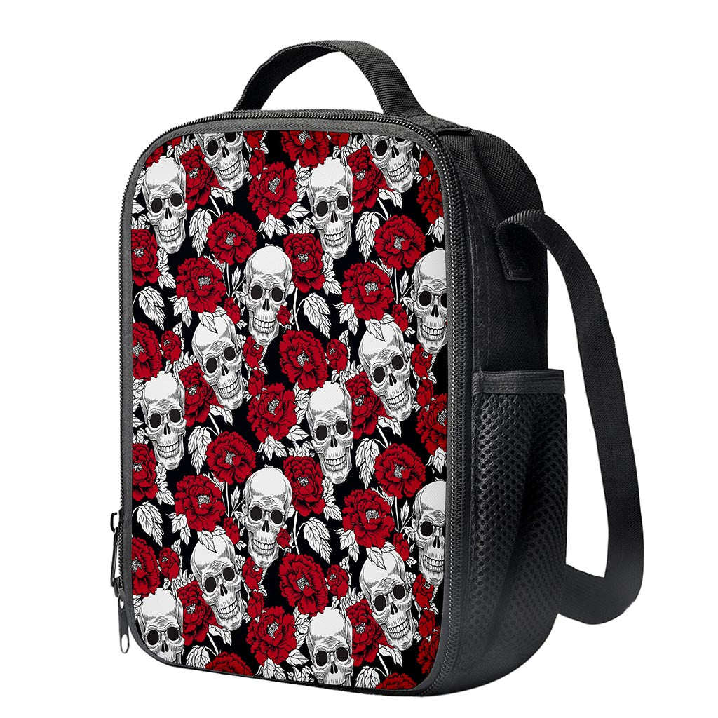 Red Peony Skull Pattern Print Crossbody Lunch Bag