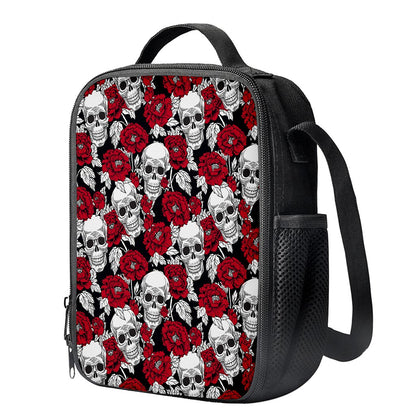 Red Peony Skull Pattern Print Crossbody Lunch Bag