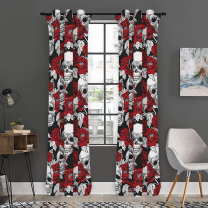 Red Peony Skull Pattern Print Curtain