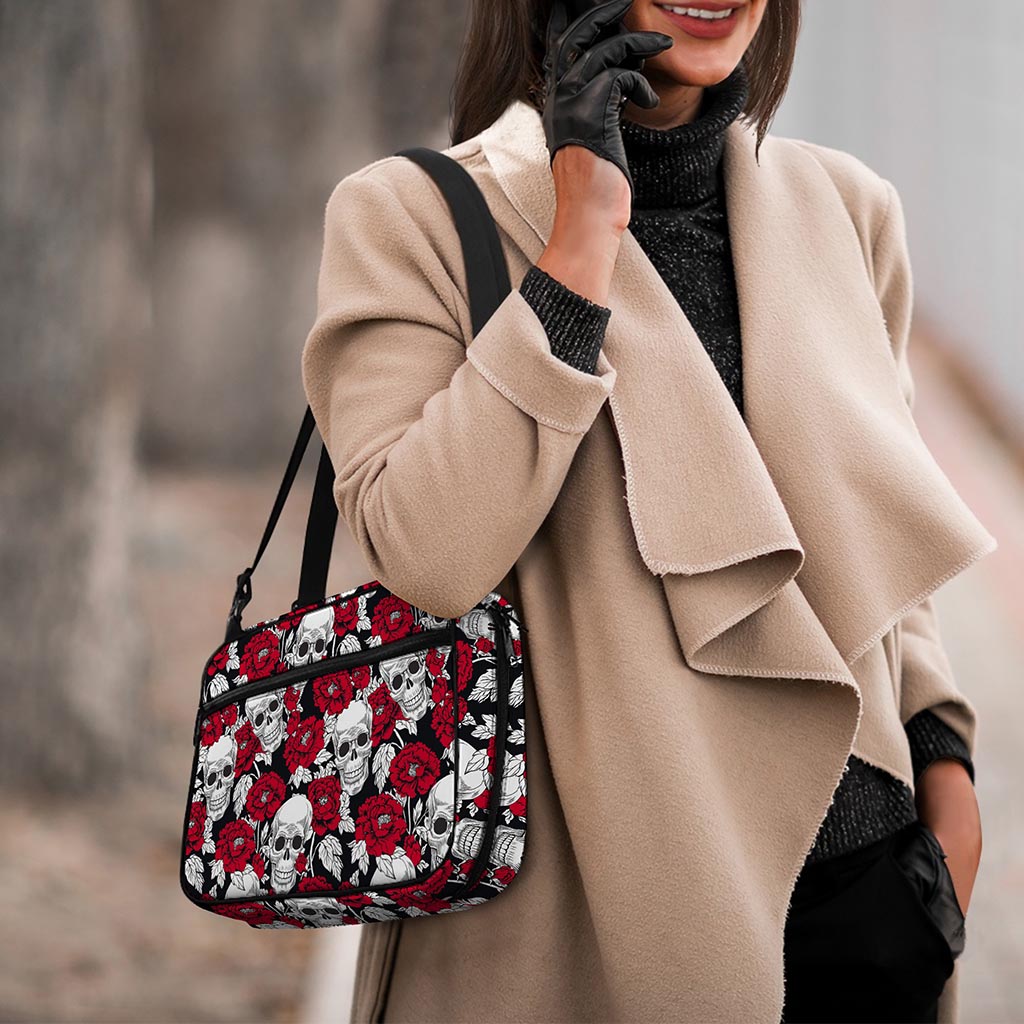Red Peony Skull Pattern Print Double Strap Bible Bag