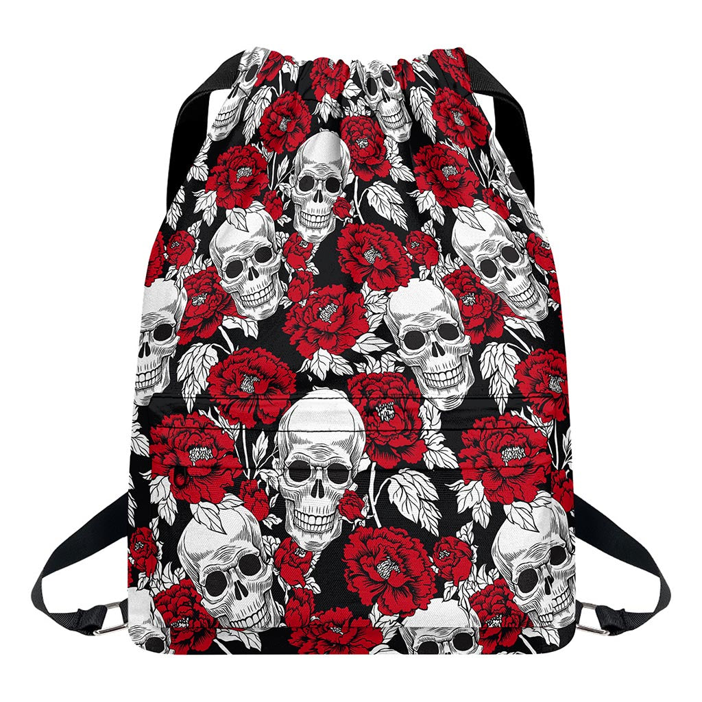 Red Peony Skull Pattern Print Drawstring Backpack