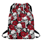 Red Peony Skull Pattern Print Drawstring Backpack