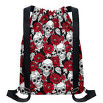 Red Peony Skull Pattern Print Drawstring Backpack