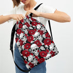 Red Peony Skull Pattern Print Drawstring Backpack