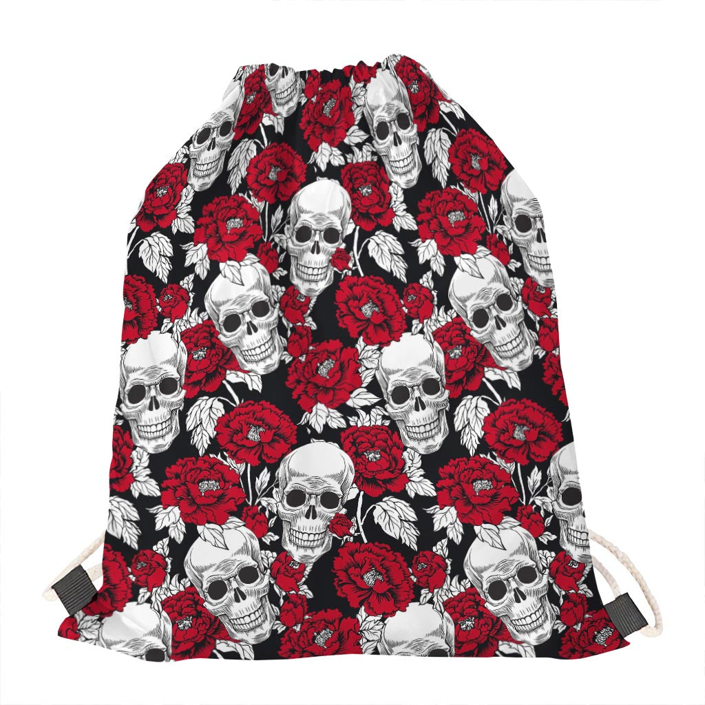 Red Peony Skull Pattern Print Drawstring Bag