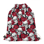 Red Peony Skull Pattern Print Drawstring Bag