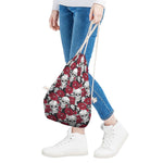 Red Peony Skull Pattern Print Drawstring Bag