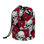 Red Peony Skull Pattern Print Drawstring Makeup Bag