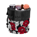 Red Peony Skull Pattern Print Drawstring Makeup Bag