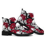 Red Peony Skull Pattern Print Flat Ankle Boots