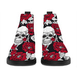 Red Peony Skull Pattern Print Flat Ankle Boots