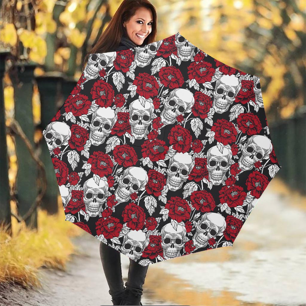 Red Peony Skull Pattern Print Foldable Umbrella