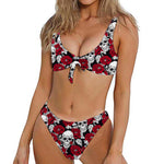 Red Peony Skull Pattern Print Front Bow Tie Bikini