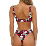 Red Peony Skull Pattern Print Front Bow Tie Bikini