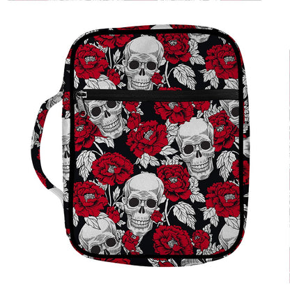 Red Peony Skull Pattern Print Front Pocket Bible Bag