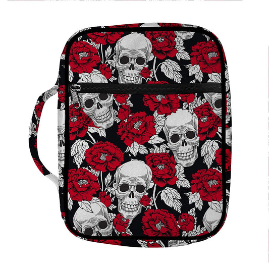 Red Peony Skull Pattern Print Front Pocket Bible Bag