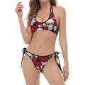 Red Peony Skull Pattern Print Halter Scoop Tie Side Bikini