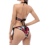 Red Peony Skull Pattern Print Halter Scoop Tie Side Bikini