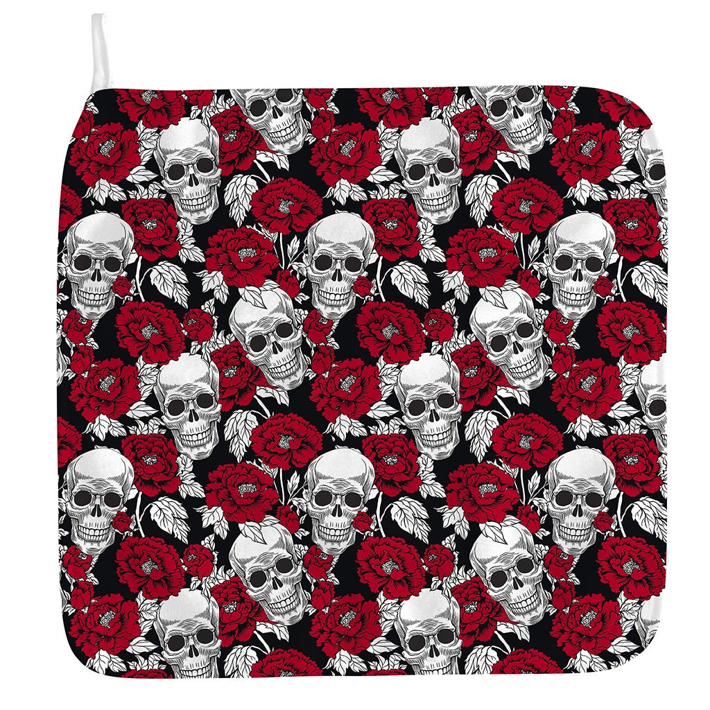 Red Peony Skull Pattern Print Hand Towel