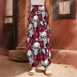 Red Peony Skull Pattern Print Harem Pants