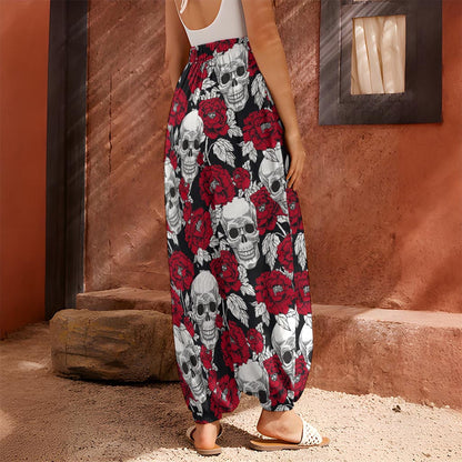 Red Peony Skull Pattern Print Harem Pants