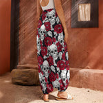 Red Peony Skull Pattern Print Harem Pants