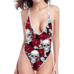 Red Peony Skull Pattern Print High Cut One Piece Swimsuit